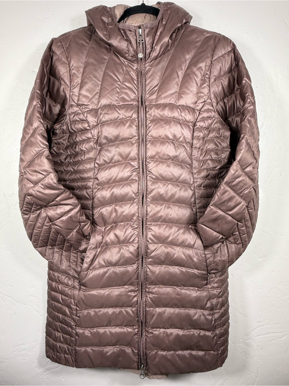 Eddie Bauer Astoria Hooded Mid Length Down Insulated Jacket Medium Mauve Brown